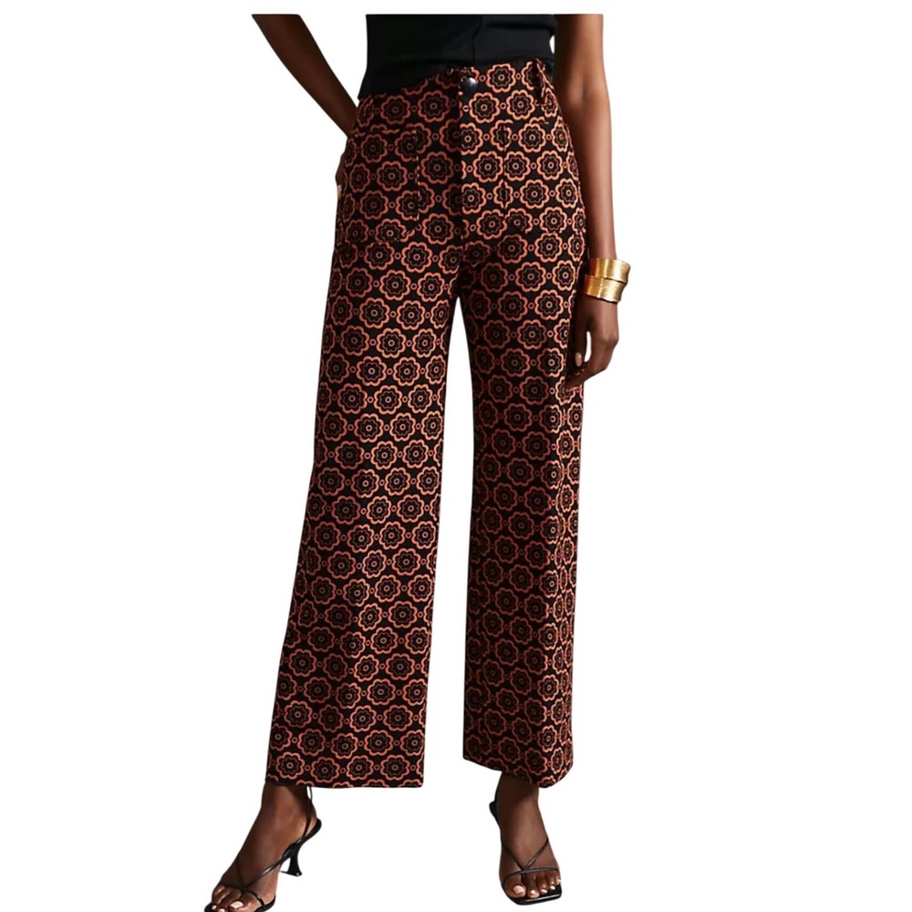 Maeve Anthropologie The Colette Ponte Wide Leg Crop Pants Orange Black Floral 25